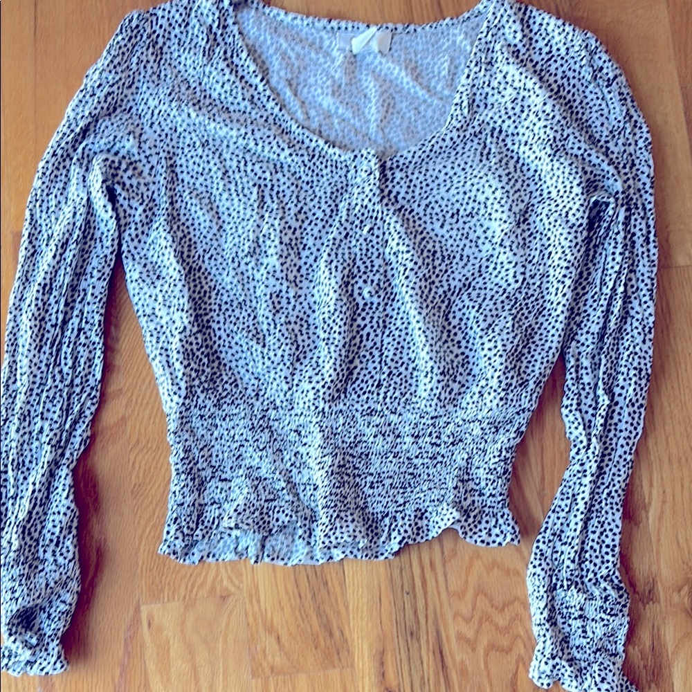Japna Blue and Silver Smocked Long Sleeve Blouse